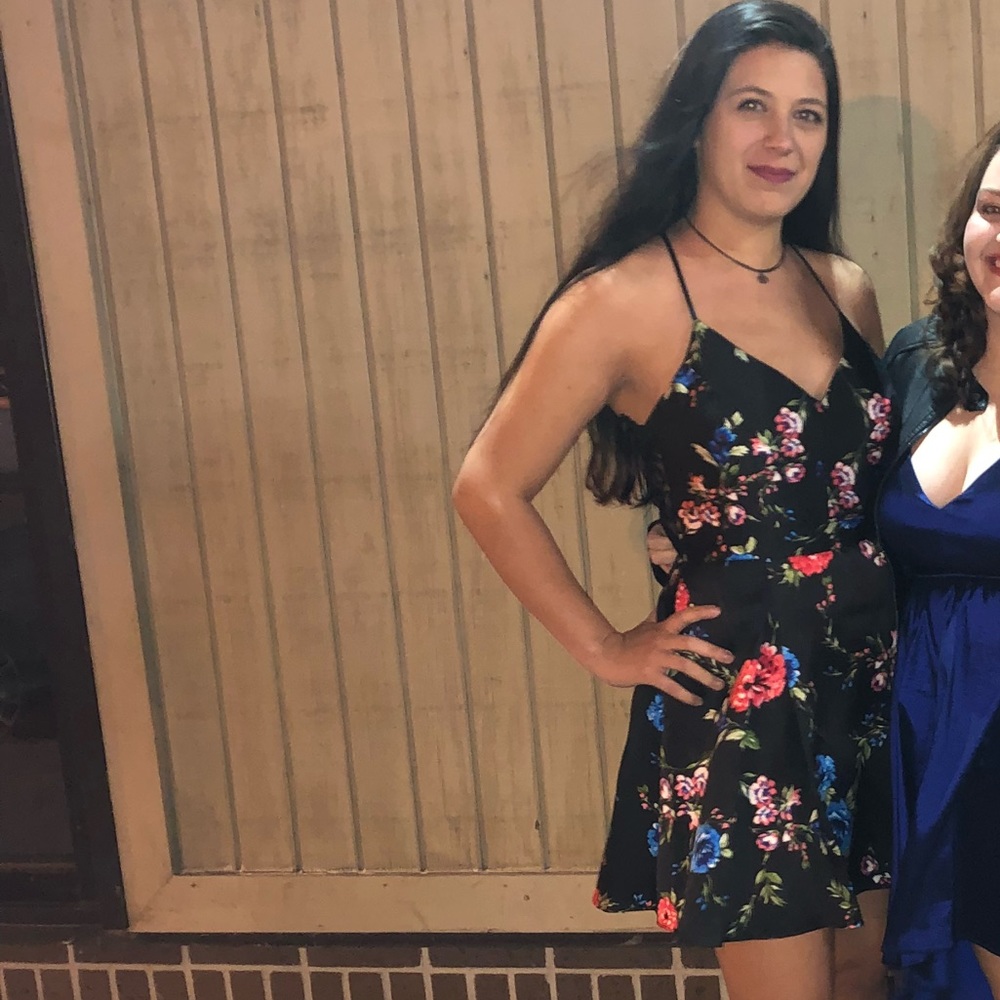 B. Smart dress. Black with red and blue flowers